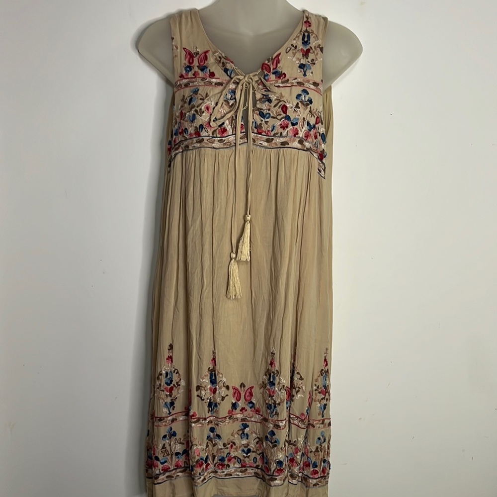 Oddy Boho Embroidered Floral Midi Dress Beige Tassel Detail Festival Dress